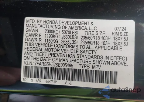 2025 Honda Cr-V Hybrid Sport из США, поврежденный, VIN 7FARS5H52SE005465